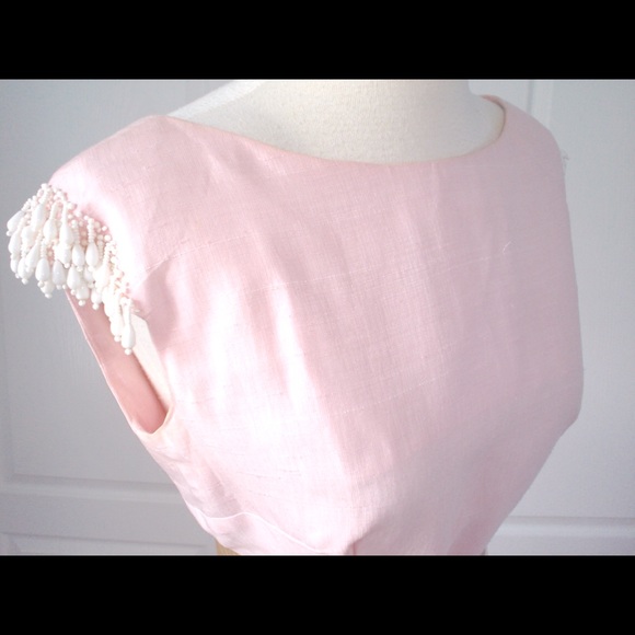 Vintage 60s Rene PINK Fitted Wiggle Dress BEADS Sm - Picture 3 of 16